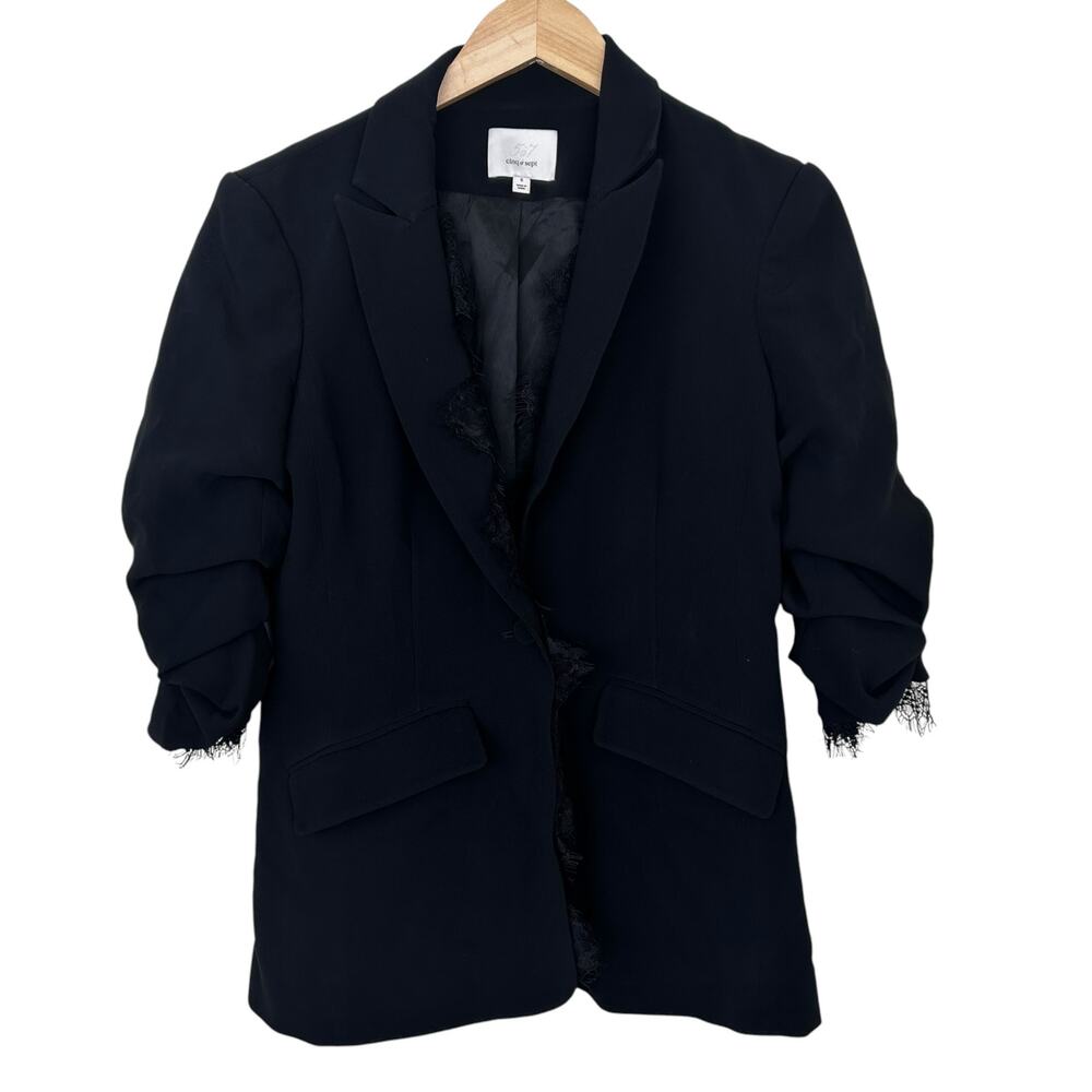Cinq A Sept Black Ruched Sleeve Lace Detail Blazer Sz 6